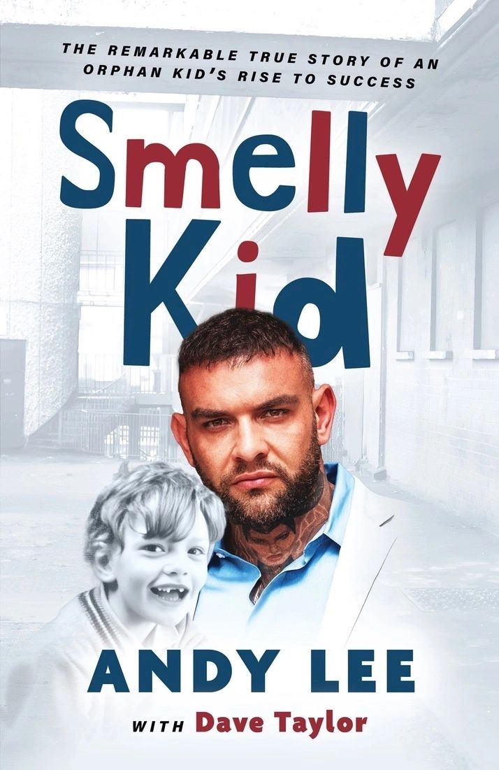 Smelly Kid book cover by Andy Lee, featuring an adult and childhood photo of Andy against a gritty Dublin backdrop with the title in red and navy